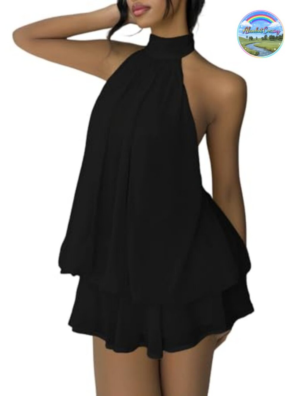Women's Chiffon Halter Mini Dress Backless Ruffle Hem Party Cocktail